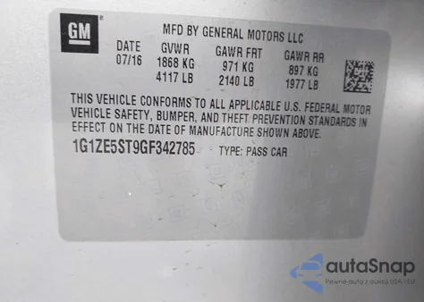 2016 Chevrolet Malibu 1Lt из США, поврежденный, VIN 1G1ZE5ST9GF342785